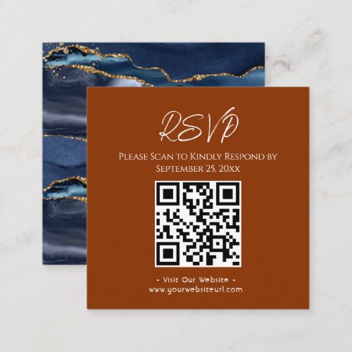 RSVP Website Blue Agate Gold Glitter Wedding Squar Square Business Card