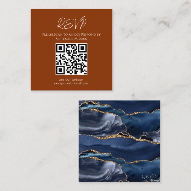 RSVP Website Blue Agate Gold Glitter Wedding Squar Square Business Card (Front/Back)