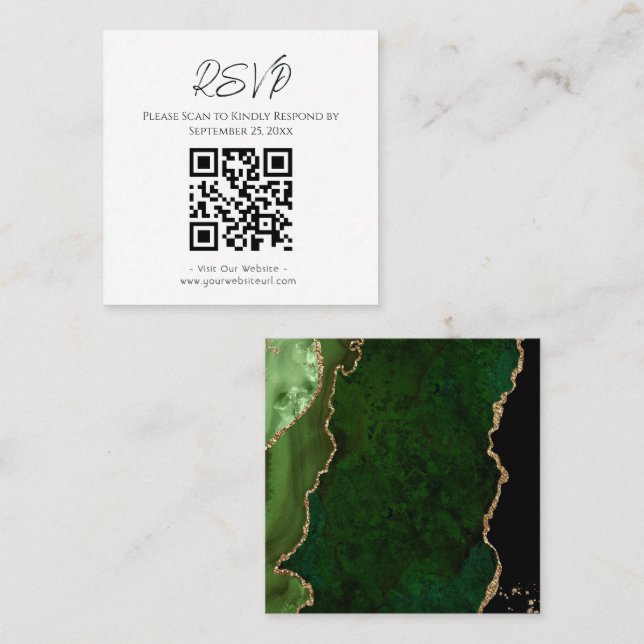 RSVP Website Green Agate Gold Glitter Wedding Square Business Card (Front/Back)