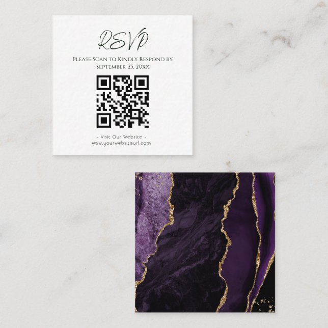 RSVP Website Purple Agate Gold Glitter Wedding  Square Business Card (Front/Back)