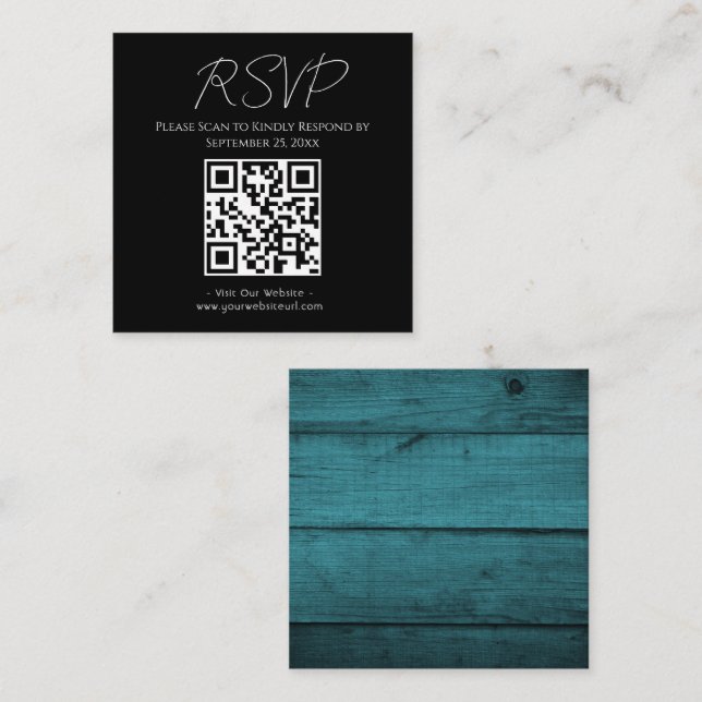RSVP Website Rustic Blue Wood Wedding Square Business Card (Front/Back)