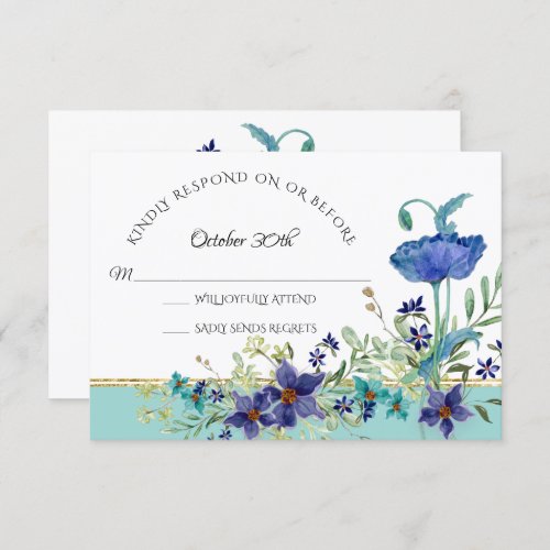 RSVP Wedding Aqua Blue w Poppy Watercolor Floral Invitation