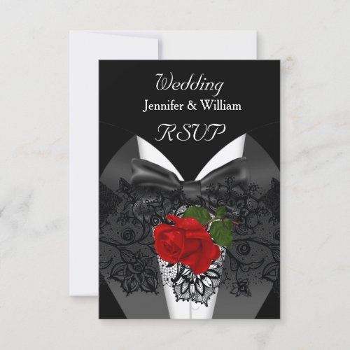 RSVP Wedding Black White Tuxedo Deep RED Rose