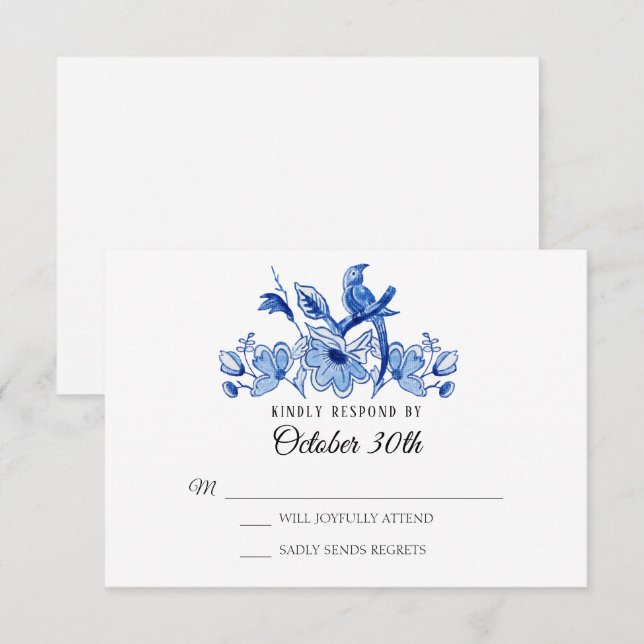 RSVP Wedding Blue Chinoiserie Floral Watercolor Invitation (Front/Back)