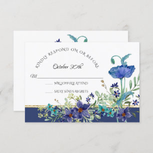 RSVP Wedding Blue Poppy Foliage Watercolor Floral Invitation