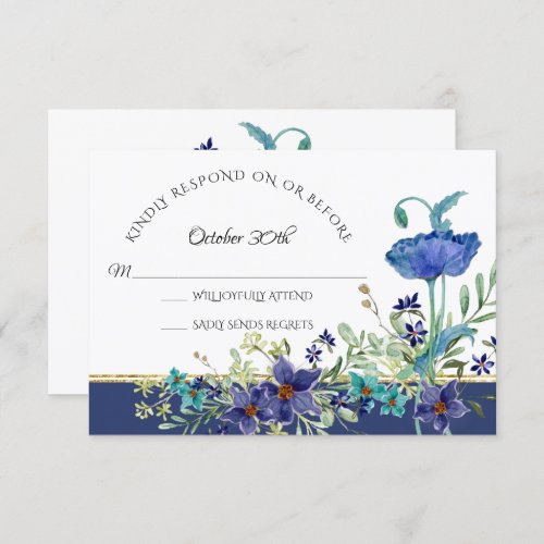 RSVP Wedding Blue Poppy Foliage Watercolor Floral Invitation