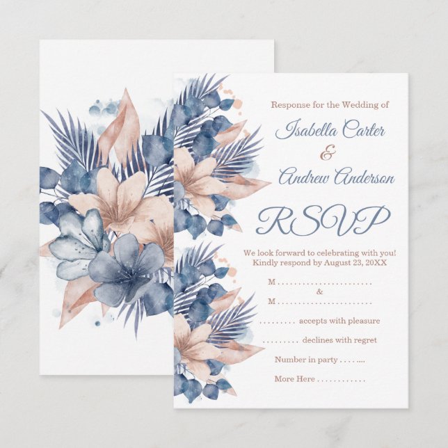 RSVP Wedding Blush Blue Peach Beige Floral White Invitation (Front/Back)