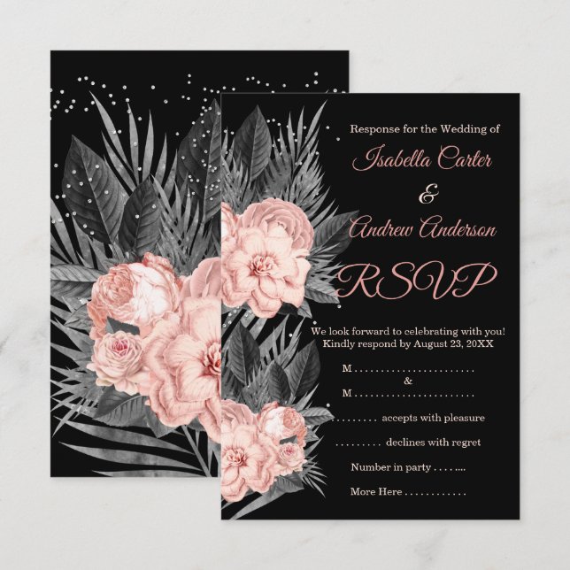 RSVP Wedding Blush Peach Charcoal Floral Black Invitation (Front/Back)