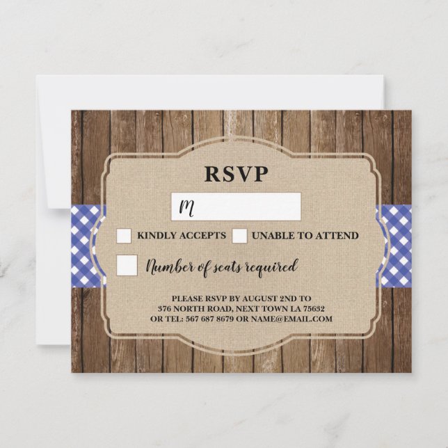 RSVP Wedding Card Blue Gingham BBQ Burlap (Front)