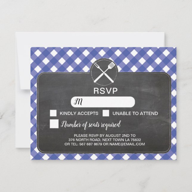RSVP Wedding Card Blue Gingham BBQ Chalk (Front)