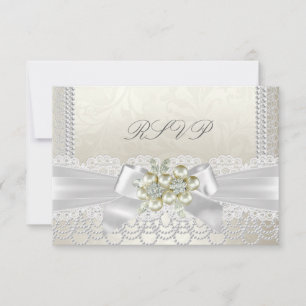 RSVP Wedding Cream Pearl Lace Damask Diamond Card