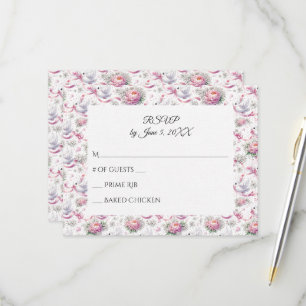 RSVP Wedding Doves with Pink Peonies and Ribbons Card