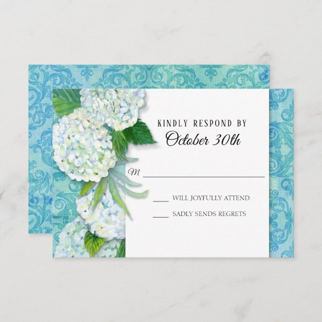 RSVP Wedding Floral Hydrangeas Aqua Damask Pattern Invitation (Front/Back)