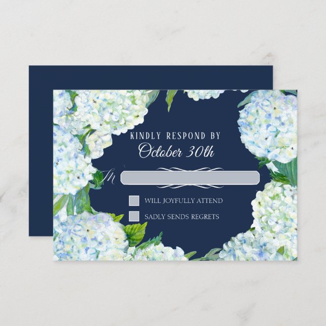 RSVP Wedding Floral White Hydrangea Navy Blue Invitation (Front/Back)