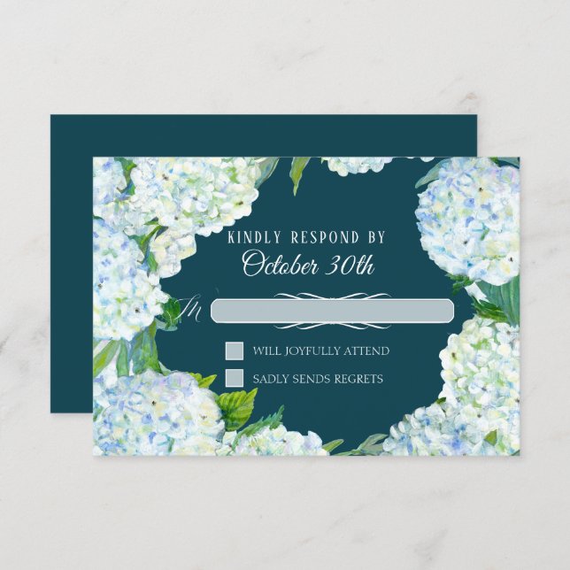 RSVP Wedding Floral White Hydrangea Peacock Blue Invitation (Front/Back)
