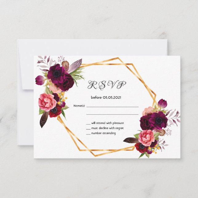 RSVP wedding flowers burgundy rose gold white Card (Front)