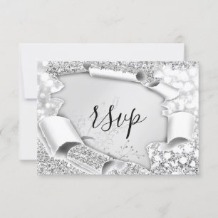 RSVP Wedding Glitter Bridal Gray Silver Flowers Card