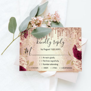 RSVP Wedding Glitter Bridal Rose Gold Drips Burgun Card