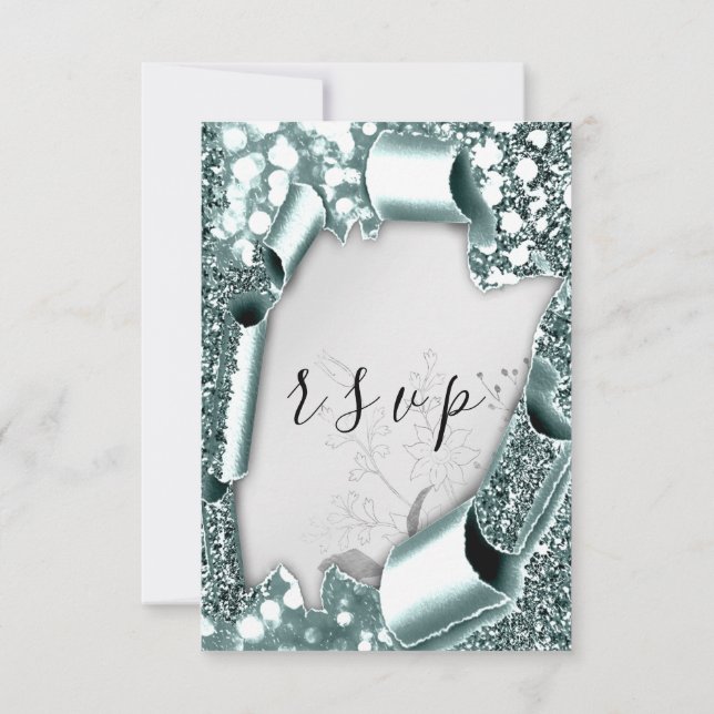 RSVP Wedding Glitter Florals Silver Smoky Teal Card (Back)