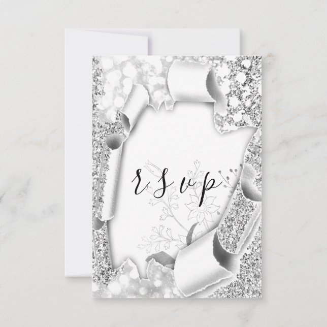 RSVP Wedding Glitter Frame Floral Silver Gray (Back)