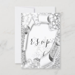 RSVP Wedding Glitter Frame Floral Silver Gray Card