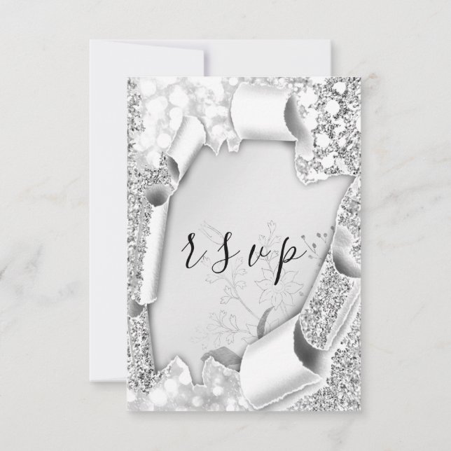 RSVP Wedding Glitter Frame Florals Silver Gray (Back)