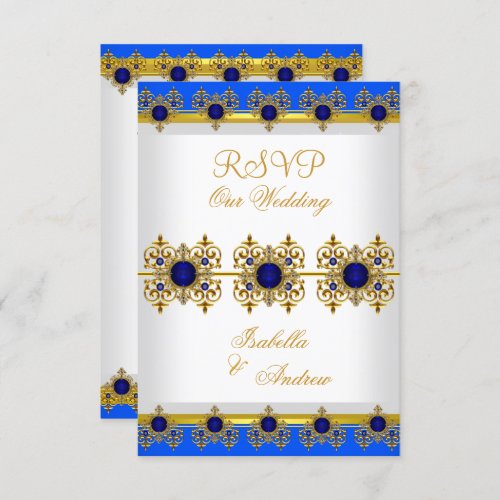 RSVP Wedding Gold Royal Blue Gem White Invitation