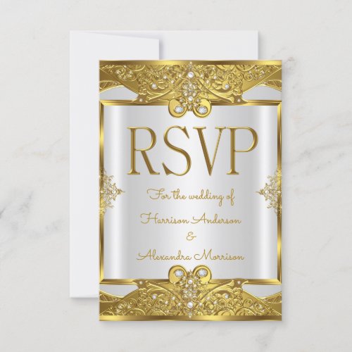 RSVP Wedding Gold White Pearls Golden Frame Invitation