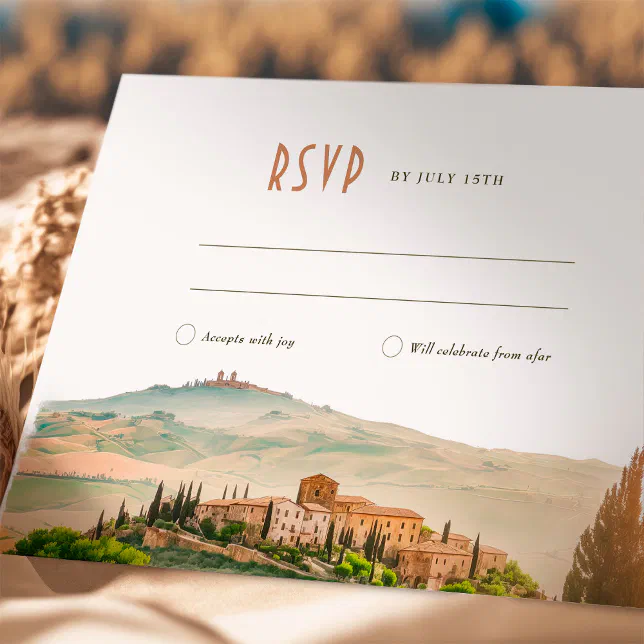 An Italian-themed RSVP card. A Tuscany landscape can be seen against a mountain.