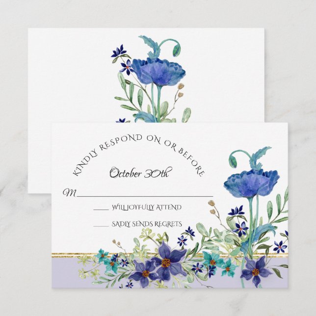 RSVP Wedding Lavender Blue Poppy Watercolor Floral Invitation (Front/Back)