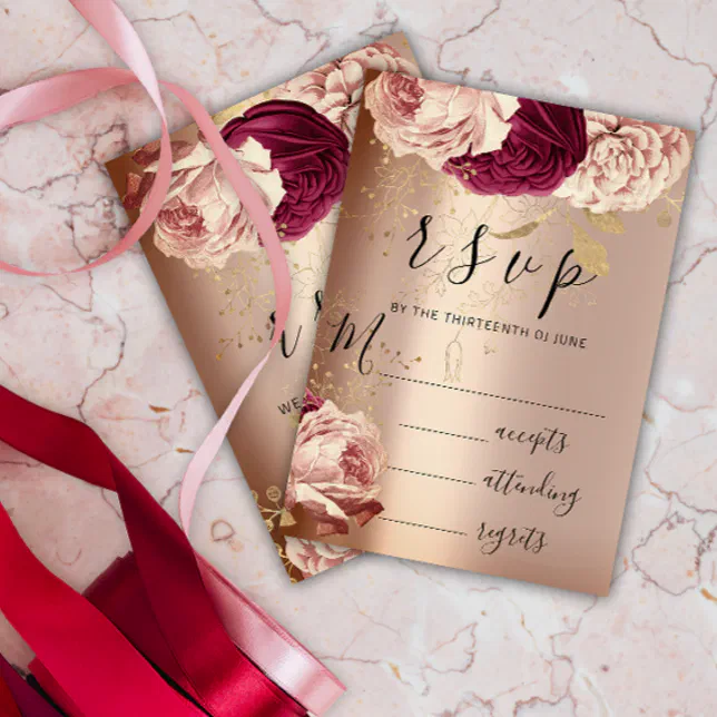 RSVP Wedding Marsala Florals Roses Pink | Zazzle