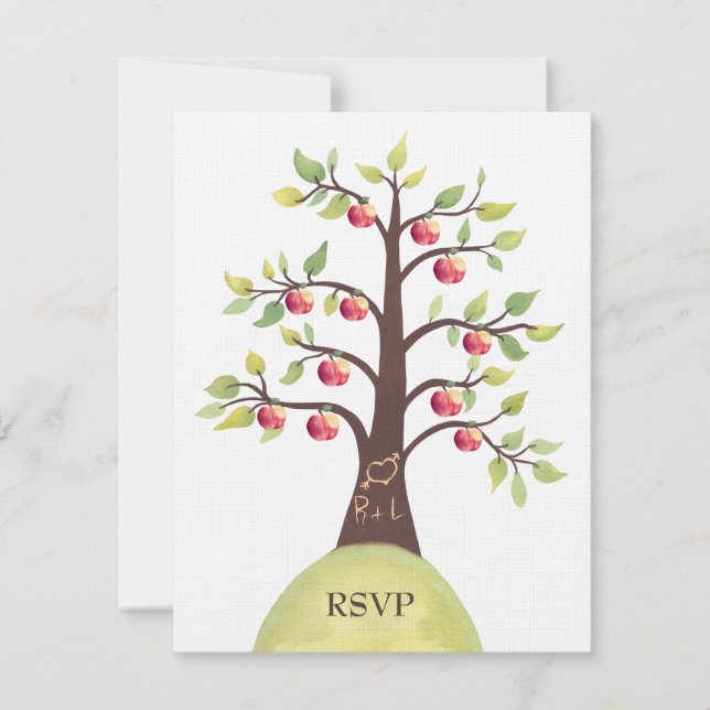 RSVP Wedding Monogram Apple Tree Carving Card (Front)