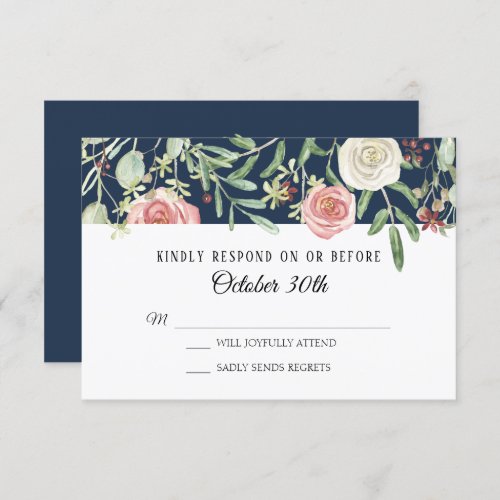 RSVP Wedding Navy Blush Ivory Rose Foliage Leaf Invitation