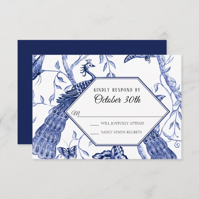 RSVP Wedding Navy Chinoiserie Peacock Butterflies Invitation (Front/Back)