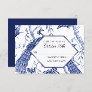 RSVP Wedding Navy Chinoiserie Peacock Butterflies Invitation