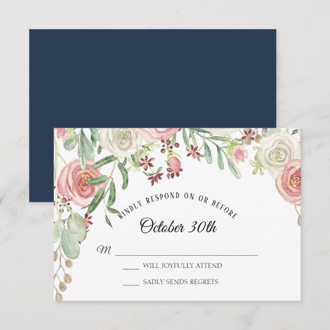RSVP Wedding Navy Pale Blush Ivory Roses Floral Invitation (Front/Back)