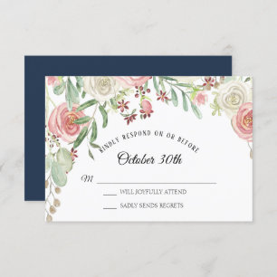 RSVP Wedding Navy Pale Blush Ivory Roses Floral Invitation