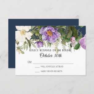 RSVP Wedding Navy Purple Ivory Rose Peony Ferns Invitation