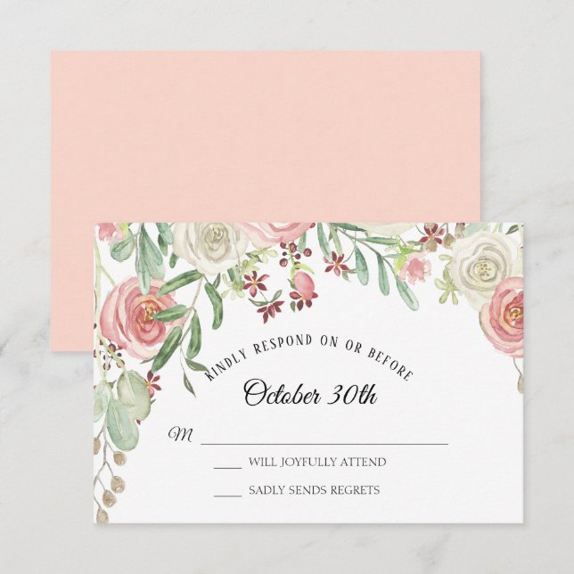RSVP Wedding Pale Blush Ivory Roses Floral Invitation (Front/Back)