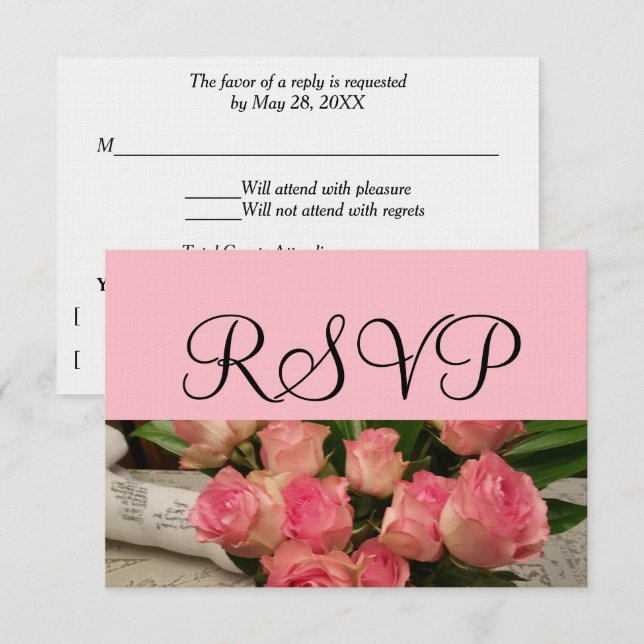 RSVP Wedding Pink Rose Bouquet Silver Card (Front/Back)