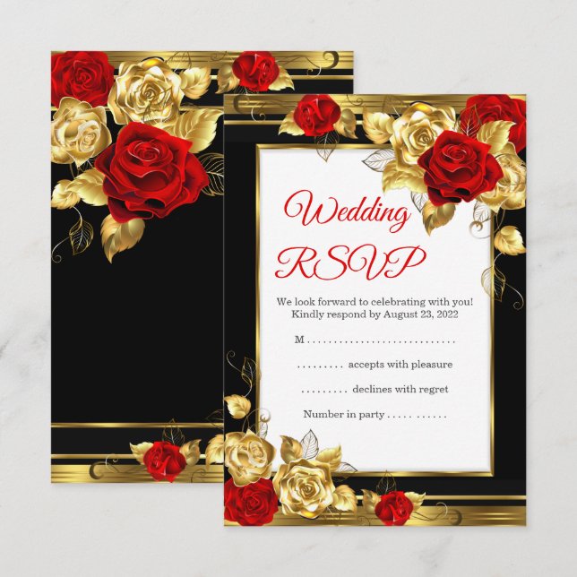 RSVP Wedding Red Gold Roses Black Gold Photo (Front/Back)