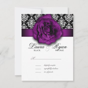 Rsvp Wedding Reply Card Purple Rose Damask by WeddingShop88 at Zazzle