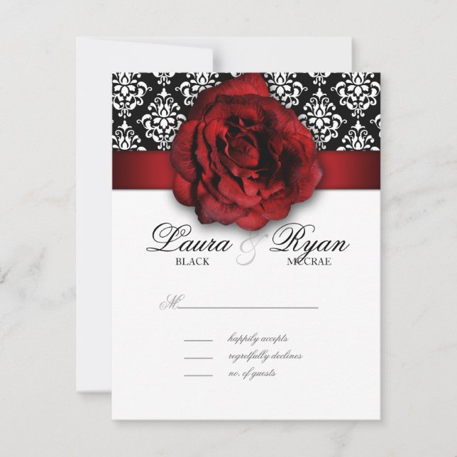 RSVP Wedding Reply Card Red Rose Damask (Front)
