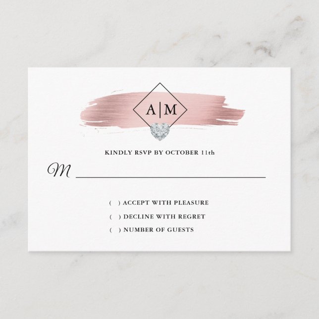 RSVP Wedding Rose Gold Foil Heart Monograms Enclosure Card (Front)