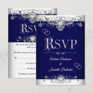 RSVP Wedding Royal Blue Silver Diamond Hearts Invitation