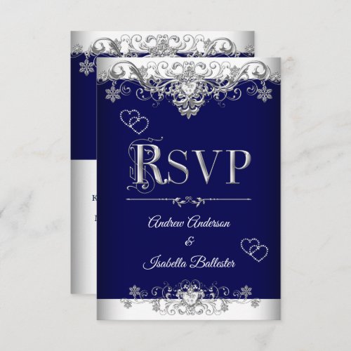 RSVP Wedding Royal Blue Silver Diamond Hearts Invitation
