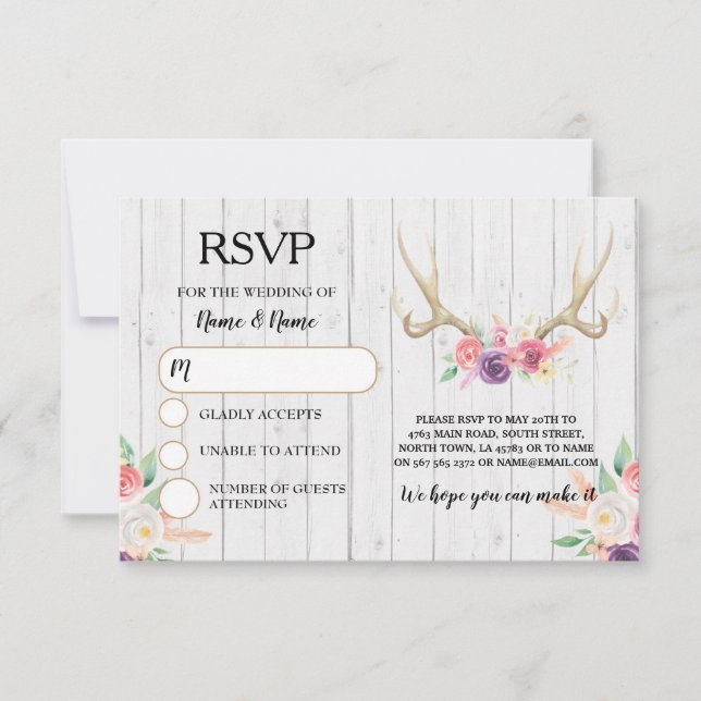 RSVP Wedding Rustic Antlers Stag Cards Invites (Front)