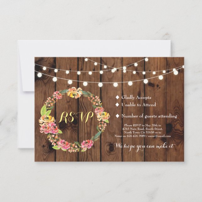 RSVP Wedding Rustic Wood Floral Tiki Cards Invites (Front)