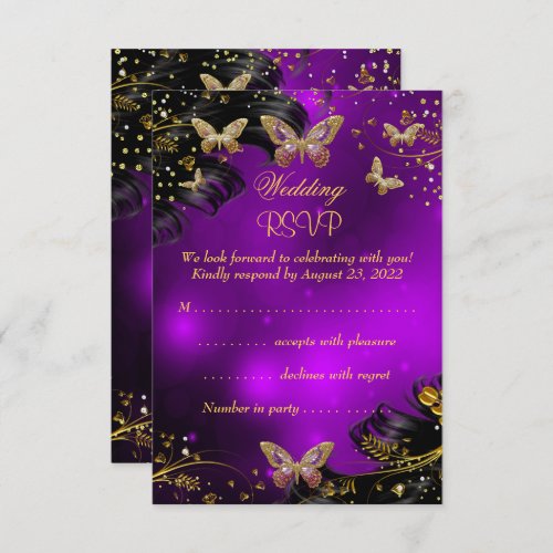 RSVP Wedding Sparkle purple Gold Black Butterfly