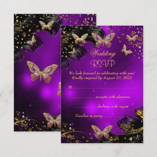 RSVP Wedding Sparkle purple Gold Black Butterfly Card